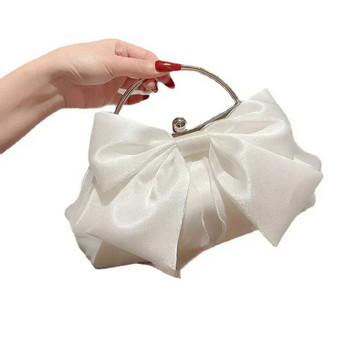 Λευκό σατέν φιόγκος νεράιδα βραδινές τσάντες τσάντες με μεταλλική λαβή συμπλέκτη για γυναίκες Γαμήλιο πάρτι Νυφικά συμπλέκτες τσάντα τσάντα ώμου με αλυσίδα