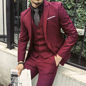 Мъжки костюм от три части Мъжки официален бизнес стил Slim Fit сватбен комплект с копринено гладка материя против бръчки, обърната надолу