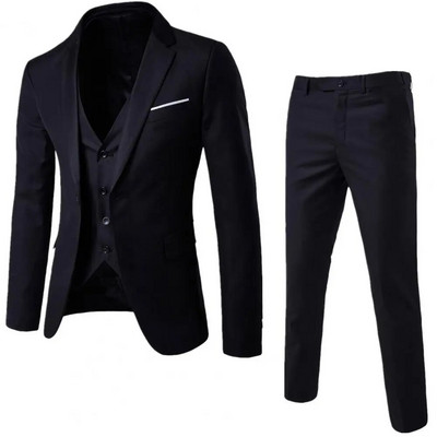 Мъжки костюм от три части Мъжки официален бизнес стил Slim Fit сватбен комплект с копринено гладка материя против бръчки, обърната надолу
