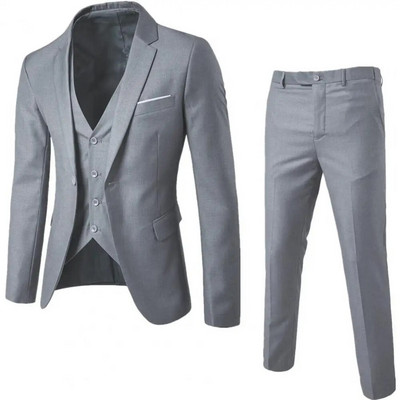 Мъжки костюм от три части Мъжки официален бизнес стил Slim Fit сватбен комплект с копринено гладка материя против бръчки, обърната надолу