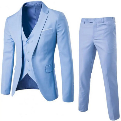 Мъжки костюм от три части Мъжки официален бизнес стил Slim Fit сватбен комплект с копринено гладка материя против бръчки, обърната надолу