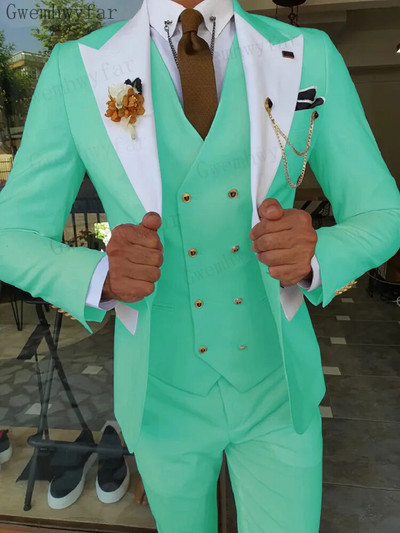 „Gwenhwyfar Mint Green“ jaunikis, vyriškas vestuvinis išleistuvių kostiumas Slim Fit smokingas, vyriški oficialūs verslo drabužiai, 3 vnt. (striukė + kelnės + liemenė)