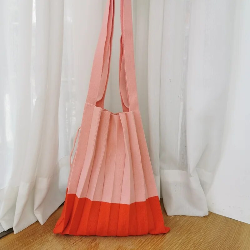 Ženske torbe za kupnju velikog kapaciteta u korejskom stilu Chic presavijene pletene plisirane torbe Ženska modna velika torba s prugama