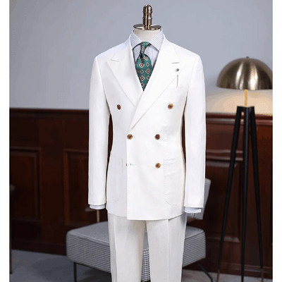 Aukštos kokybės lininiai vyriški kostiumai Chic Peak Lapel Dvigubos krūtinės vyriškas kostiumas Slim Fit Smart Casual Jaunikio vestuvinės smokingo kelnės