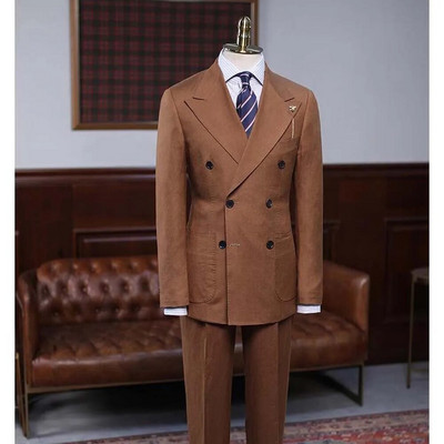 Visokokvalitetna lanena muška odijela Chic Peak Rever Muško odijelo s dvostrukim kopčanjem Slim Fit Pametno ležerno mladoženja Smoking Blazer hlače