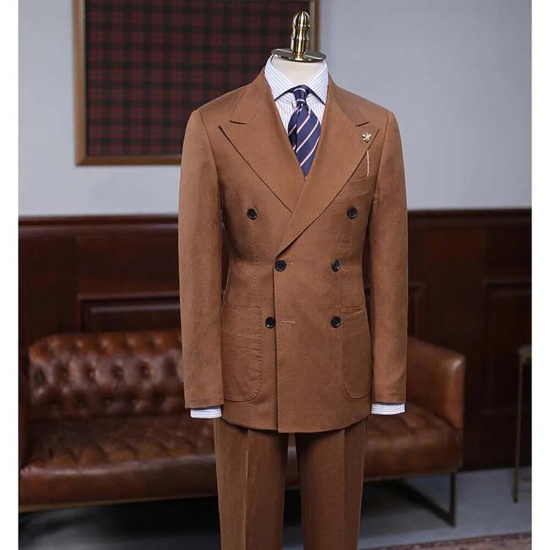 Visokokvalitetna lanena muška odijela Chic Peak Rever Muško odijelo s dvostrukim kopčanjem Slim Fit Pametno ležerno mladoženja Smoking Blazer hlače