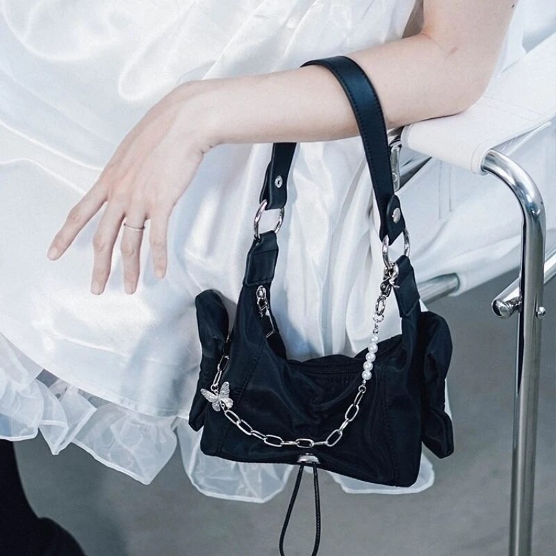 Nailoniniai pečių krepšiai moterims Paprasto lanko dizaino mergaitiškos mini rankinės pažastims Madingos „Hotsweet Chic“ kelionių koledžo studentų vasara