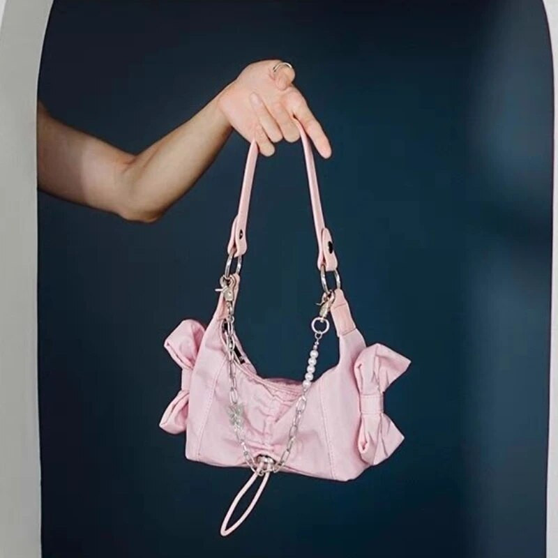 Nailoniniai pečių krepšiai moterims Paprasto lanko dizaino mergaitiškos mini rankinės pažastims Madingos „Hotsweet Chic“ kelionių koledžo studentų vasara