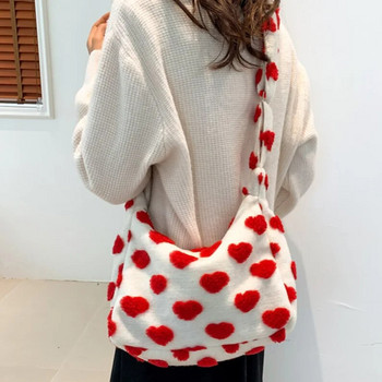 Модни пухкави чанти през рамо с принт на цветя Y2K Зимна дамска чанта от изкуствена кожа 2023 Плюшена ръчна чанта Дамска кожена чанта през рамо