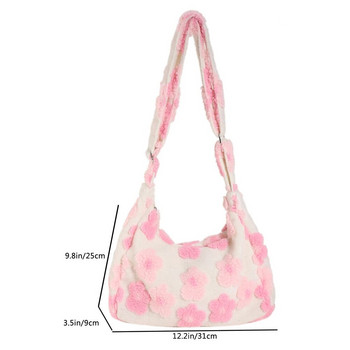Модни пухкави чанти през рамо с принт на цветя Y2K Зимна дамска чанта от изкуствена кожа 2023 Плюшена ръчна чанта Дамска кожена чанта през рамо