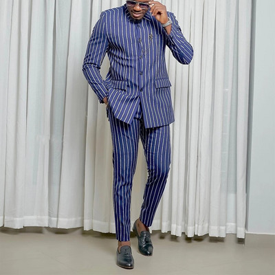 Novo u afričkom stilu za 2024. Elegantna karirana majica s jednim kopčanjem i hlače, 2-dijelni komplet poslovne muške odjeće za vjenčanje
