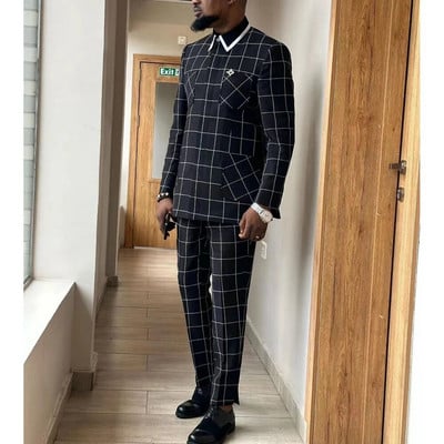 Novo u afričkom stilu za 2024. Elegantna karirana majica s jednim kopčanjem i hlače, 2-dijelni komplet poslovne muške odjeće za vjenčanje