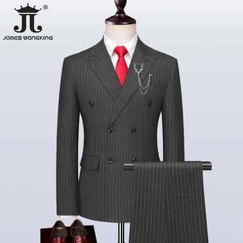 S-7XL (Blazer + Γιλέκο + Παντελόνι) Κάθετες ρίγες Διπλό ανδρικό κοστούμι βρετανικού στυλ Business Tuxedo για πάρτι γάμου