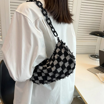 Vintage γυναικεία casual τσάντα μασχάλης με καρό μοτίβο εκτύπωσης τζιν Μικρό πορτοφόλι Γυναικεία αλυσίδα Leisure