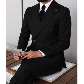 Черни костюми за мъже Блейзър Terno Двуредни ревери с остри ревери Обикновен костюм Сватбени луксозни облекла Сако Панталони от 2 части