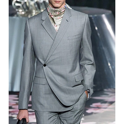 Модни сиви мъжки костюми с едно копче Slim Fit за сватба Смокинг на гаджето на младоженеца Мъжко яке от 2 части с ревер и панталон 2023 г.