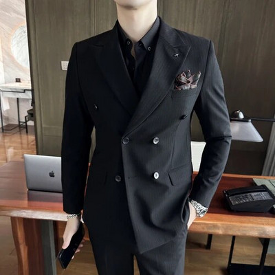 ( kabát + mellény + nadrág ) Őszi alkalmi üzleti divat csíkos férfi öltöny 3 db dupla csatos vőlegény esküvői ruha parti öltöny