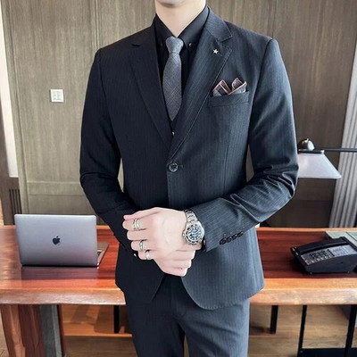 ( kabát + mellény + nadrág ) Őszi alkalmi üzleti divat csíkos férfi öltöny 3 db dupla csatos vőlegény esküvői ruha parti öltöny