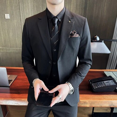 ( kabát + mellény + nadrág ) Őszi alkalmi üzleti divat csíkos férfi öltöny 3 db dupla csatos vőlegény esküvői ruha parti öltöny