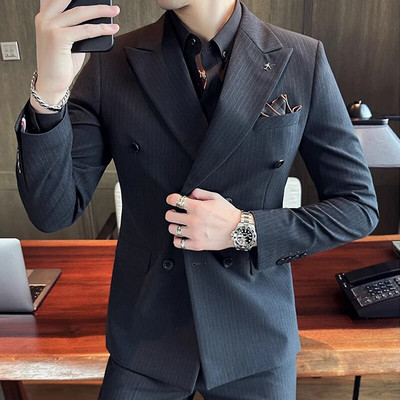 ( kabát + mellény + nadrág ) Őszi alkalmi üzleti divat csíkos férfi öltöny 3 db dupla csatos vőlegény esküvői ruha parti öltöny