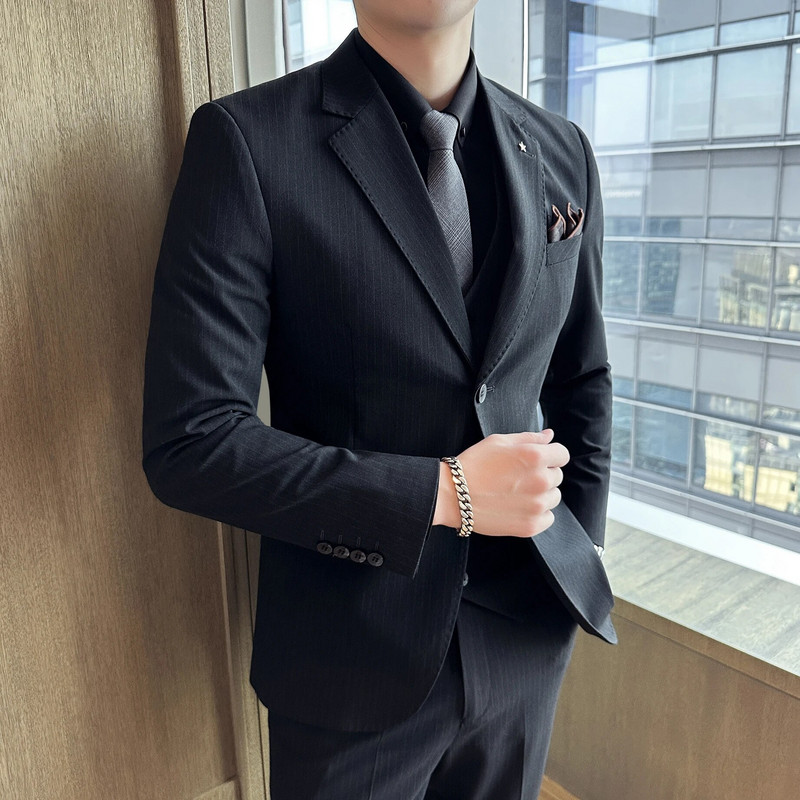 ( kabát + mellény + nadrág ) Őszi alkalmi üzleti divat csíkos férfi öltöny 3 db dupla csatos vőlegény esküvői ruha parti öltöny