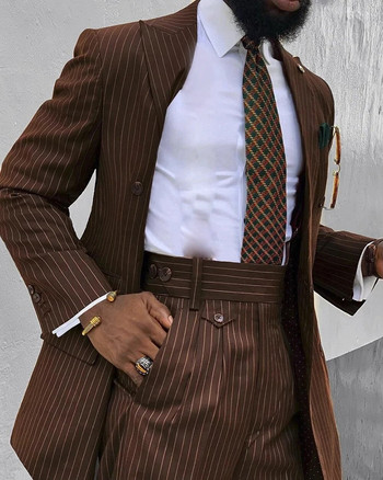Καφέ ριγέ ανδρικό κοστούμι 2 τμχ Προσαρμοσμένο Groom Prom Slim Fit Double Breasted Wedding Terno Peak Blazer Παντελόνι (Σακάκι+Παντελόνι)