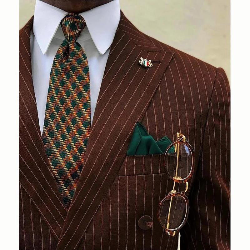 Smeđe prugasto muško odijelo, 2 komada, prilagođeno mladoženjinoj maturalnoj večeri, uske hlače s dvostrukim kopčanjem za vjenčanje Terno Peak sako na rever (jakna+hlače)