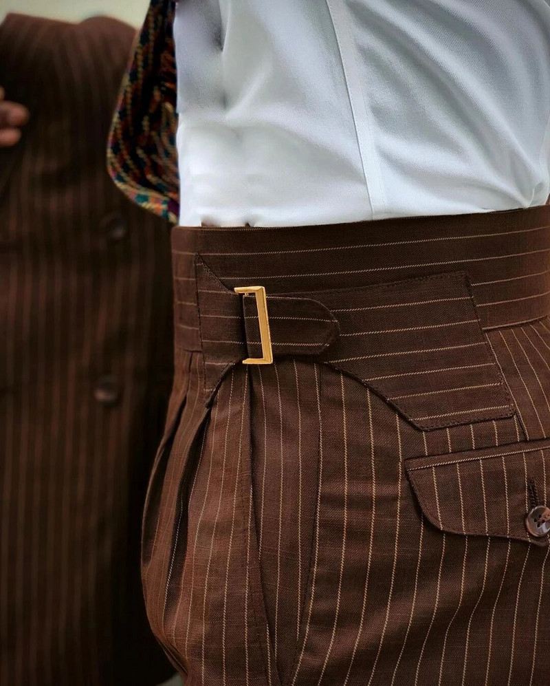 Smeđe prugasto muško odijelo, 2 komada, prilagođeno mladoženjinoj maturalnoj večeri, uske hlače s dvostrukim kopčanjem za vjenčanje Terno Peak sako na rever (jakna+hlače)