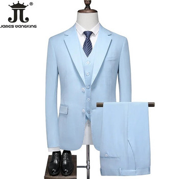 7 цвята (блейзър + жилетка + панталон) Луксозна марка от висок клас Едноцветен официален бизнес мъжки костюм Сватбена рокля за младоженеца от три части