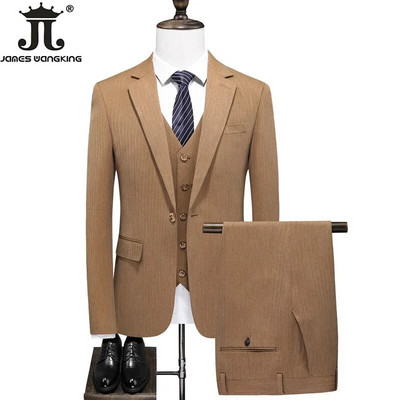7 spalvų (bliuzonas + liemenė + kelnės) Prabangi aukščiausios klasės vienspalvė oficialus verslo vyriškas kostiumas, trijų dalių jaunikio vestuvinė suknelė