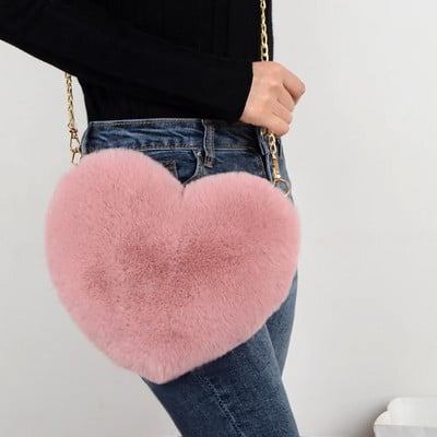 Fashion Women`s Heart Shaped Handbags Cute Kawaii Faux Fur Crossbody Bags Wallet Purse Plush Chain Shoulder Bag Lady Handbag