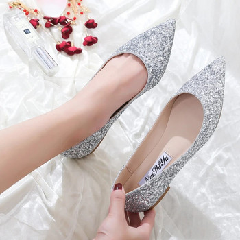 Модни дамски плоски балетни обувки Bling Обувки с остър пръст Елегантни удобни дамски лъскави плоски обувки Сватбени обувки размер 31-45