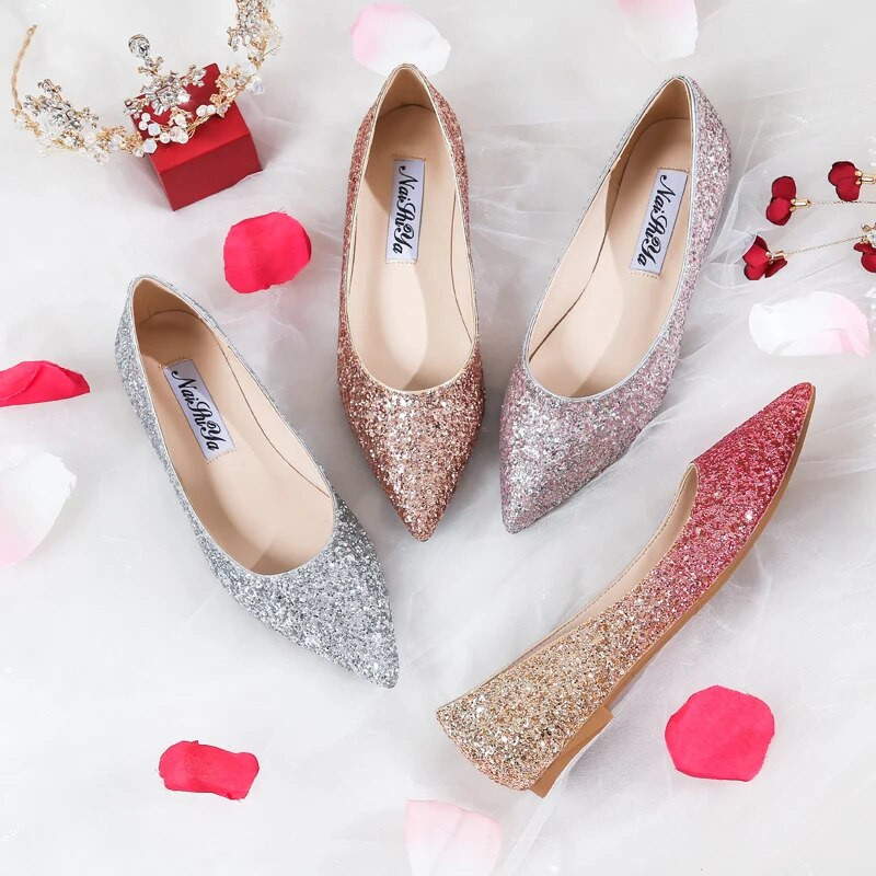 Modne ženske ravne baletne cipele Bling cipele sa šiljatim prstima Elegantne udobne ženske sjajne ravne cipele Vjenčane cipele veličina 31-45