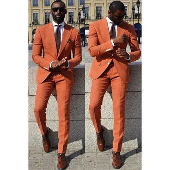 Луксозни оранжеви мъжки костюми с нормална дължина, едноредно гредоредно острие с ревери, официален повод Блейзър, мъжко облекло, сако, панталон от 2 части