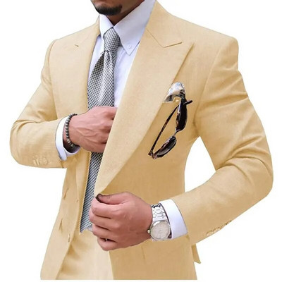 Vyriški kostiumai Vyriškas kostiumas 2 dalių Causal Slim Fit Prom Noble Champagne Grey Blazer Formal Business Vestuvių Jaunikiui Smokingai