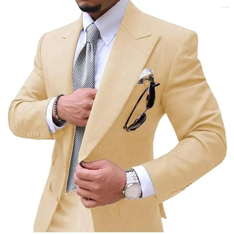 Vyriški kostiumai Vyriškas kostiumas 2 dalių Causal Slim Fit Prom Noble Champagne Grey Blazer Formal Business Vestuvių Jaunikiui Smokingai