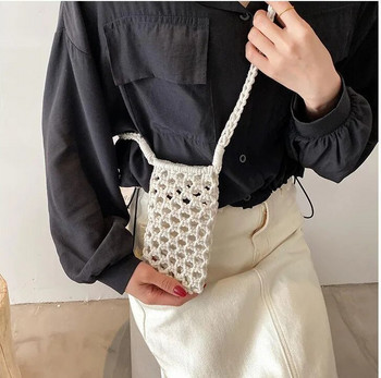 Дамска модна малка чанта за телефон през рамо, едноцветна, издълбана, плетена на една кука лека плетена чанта през рамо