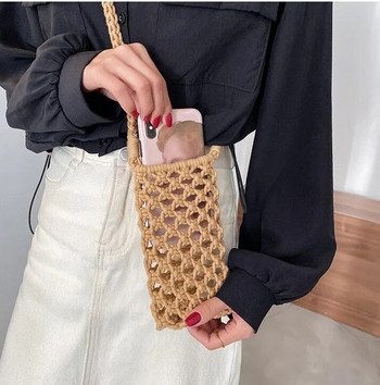 Дамска модна малка чанта за телефон през рамо, едноцветна, издълбана, плетена на една кука лека плетена чанта през рамо