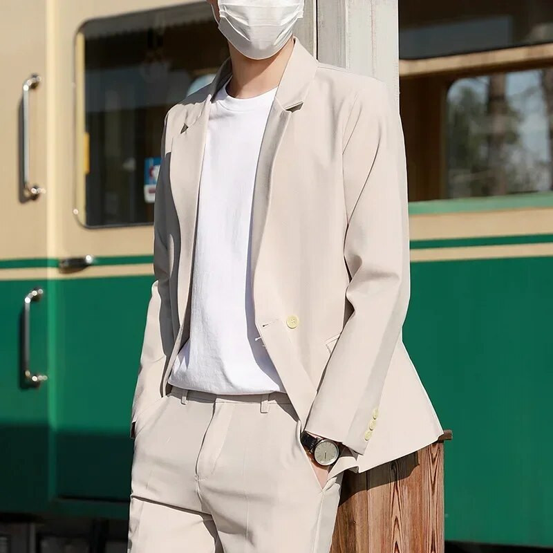 (Blazer+Pants) Υψηλής ποιότητας Μόδα Casual Ανδρικό Κοστούμι Κορεατικής Εφαρμογής σακάκι Παντελόνι 2 τεμαχίων Νυφικό Party S-5XL