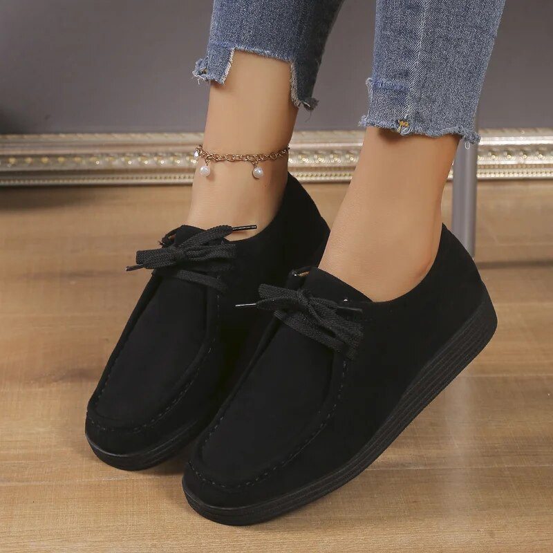 Madingi moteriški plokščiapadžiai zomšiniai vienspalviai suvarstomi siuvimo platforminiai bateliai 2023 m. ruduo Nauji laisvalaikio sportbačiai vaikščioti į darbą ir atgal Sportiniai batai