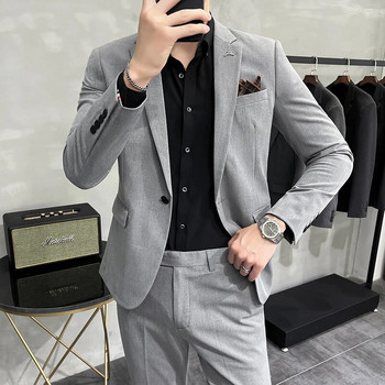 M-7XL Ново (блейзър + панталони) Мъжка мода Бизнес Британски стил Прилепнали корейски ежедневни джентълменски сватбени домакини Официални 2 части