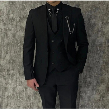 Черни мъжки костюми Peak Rever 1 Buttons Официални блейзър комплекти за сватба Абитуриентско парти Висококачествен персонализиран костюм от 3 части Homme