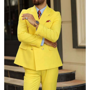 Двуредни мъжки костюми с жълт връх на ревера Двуредни мъжки костюми от 2 части Шикозни ежедневни коледни облекла за дипломиране Модни официални сватбени смокинги Slim Fit
