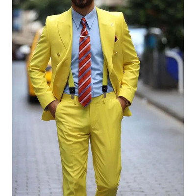 Κίτρινο πέτο με διπλό στήθος ανδρικές φόρμες 2 τεμαχίων, κομψά, casual χριστουγεννιάτικα φορέματα αποφοίτησης μόδας επίσημος γάμος σμόκιν Slim Fit