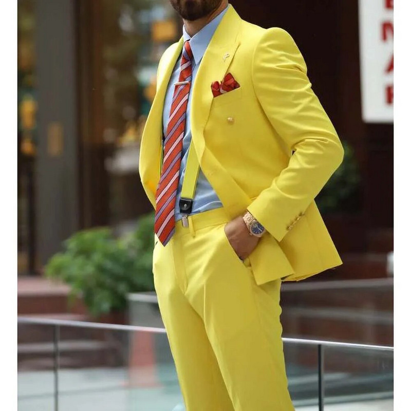 Κίτρινο πέτο με διπλό στήθος ανδρικές φόρμες 2 τεμαχίων, κομψά, casual χριστουγεννιάτικα φορέματα αποφοίτησης μόδας επίσημος γάμος σμόκιν Slim Fit