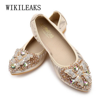 2024 Επώνυμα γυναικεία παπούτσια Σχέδιο μόδας χρυσά ίσια παπούτσια Γυναικεία casual άνετα slip-on loafers με μυτερά παπούτσια Zapatos Mujer