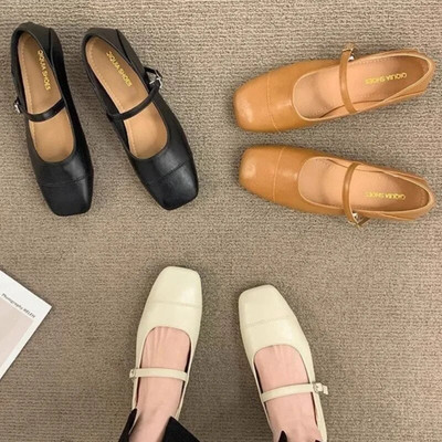 Γυναικεία Flats Square Toe Mary Janes Παπούτσια Ράψιμο Δερμάτινα Παπούτσια για Γυναικεία Μπαλέτα Άνοιξη Φθινόπωρο Πορτοκαλί Μαύρο Μπεζ 1751N