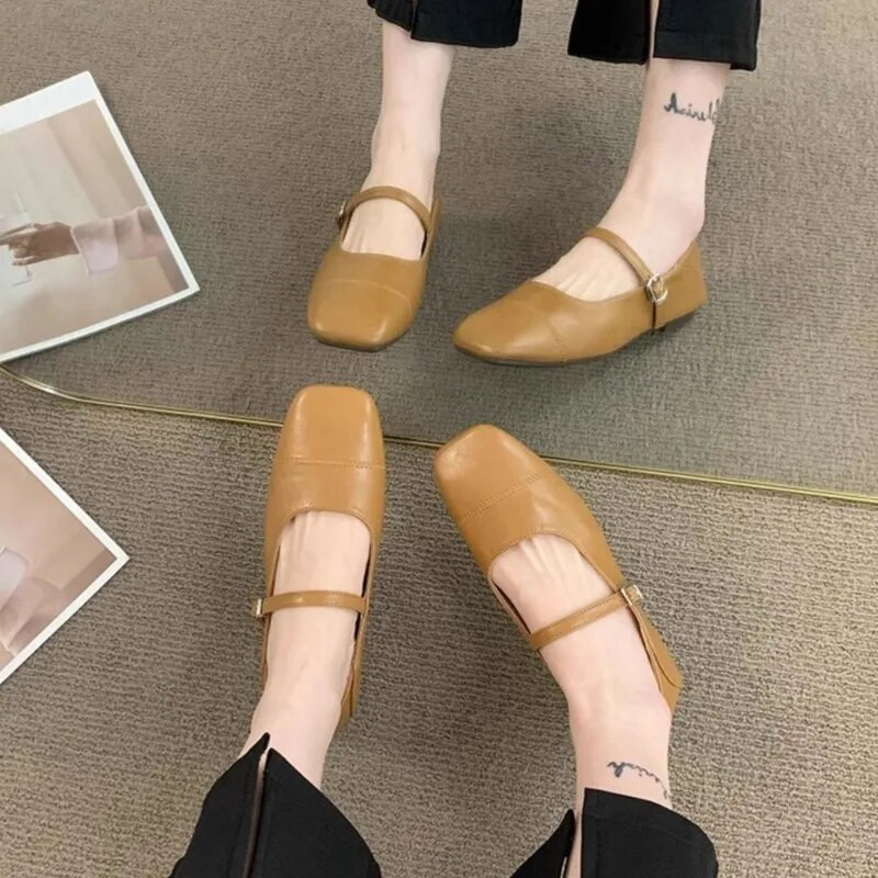 Γυναικεία Flats Square Toe Mary Janes Παπούτσια Ράψιμο Δερμάτινα Παπούτσια για Γυναικεία Μπαλέτα Άνοιξη Φθινόπωρο Πορτοκαλί Μαύρο Μπεζ 1751N