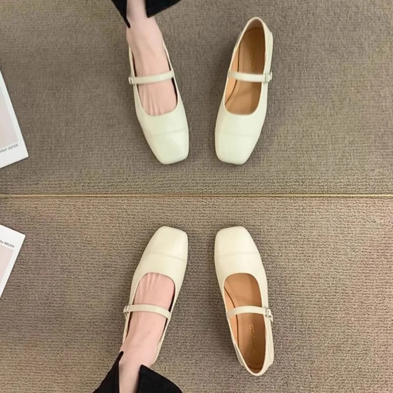 Γυναικεία Flats Square Toe Mary Janes Παπούτσια Ράψιμο Δερμάτινα Παπούτσια για Γυναικεία Μπαλέτα Άνοιξη Φθινόπωρο Πορτοκαλί Μαύρο Μπεζ 1751N
