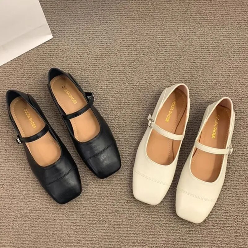 Γυναικεία Flats Square Toe Mary Janes Παπούτσια Ράψιμο Δερμάτινα Παπούτσια για Γυναικεία Μπαλέτα Άνοιξη Φθινόπωρο Πορτοκαλί Μαύρο Μπεζ 1751N